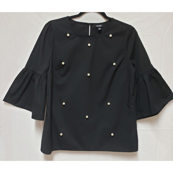 a.n.a Women’s Black Cotton Formal Top White Pearl Accents, Bell Sleeve Sz M NWOT - Picture 1 of 8